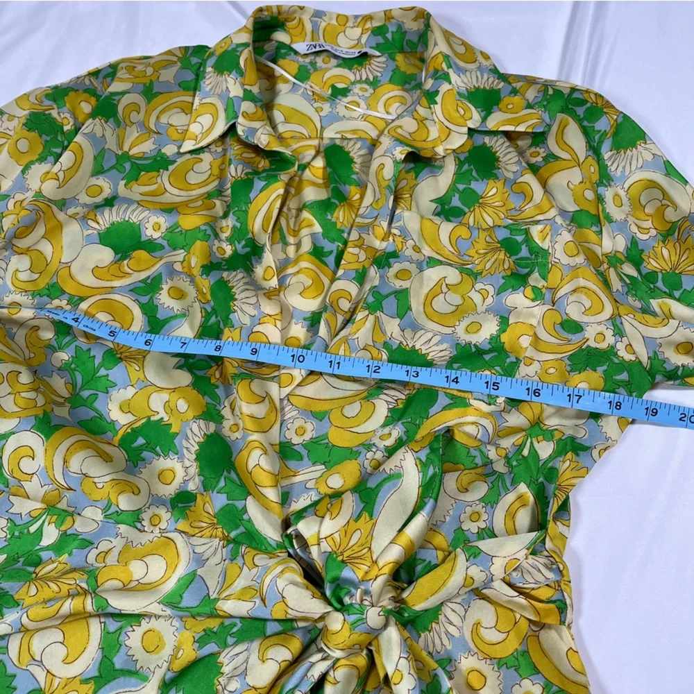 Zara Satin Wrap Yellow Green Floral Paisley‎ Influencer Baddie Mini Dress Size - Picture 6 of 8